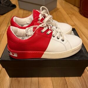 Women’s LOVE MOSCHINO red white sneakers trainers sz 38 heart shoes colorblock